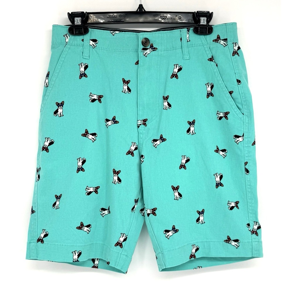 Plugg Flex Mens Sz 30 French Bulldog Bermuda Shorts Teal Green Flex Waist Dog - Picture 2 of 9